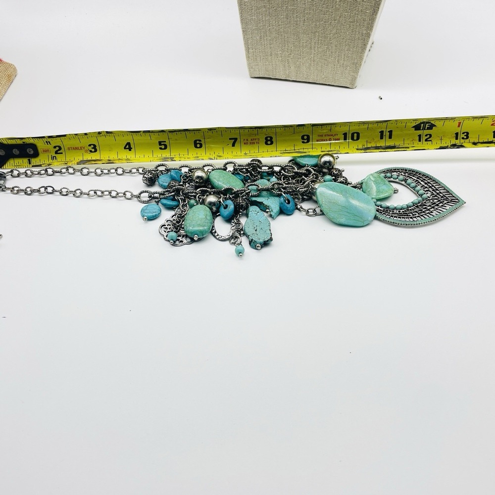 Statement Aqua Blue Beaded Necklace Silver Tone Fringe Boho Bib - Picture 2 of 4